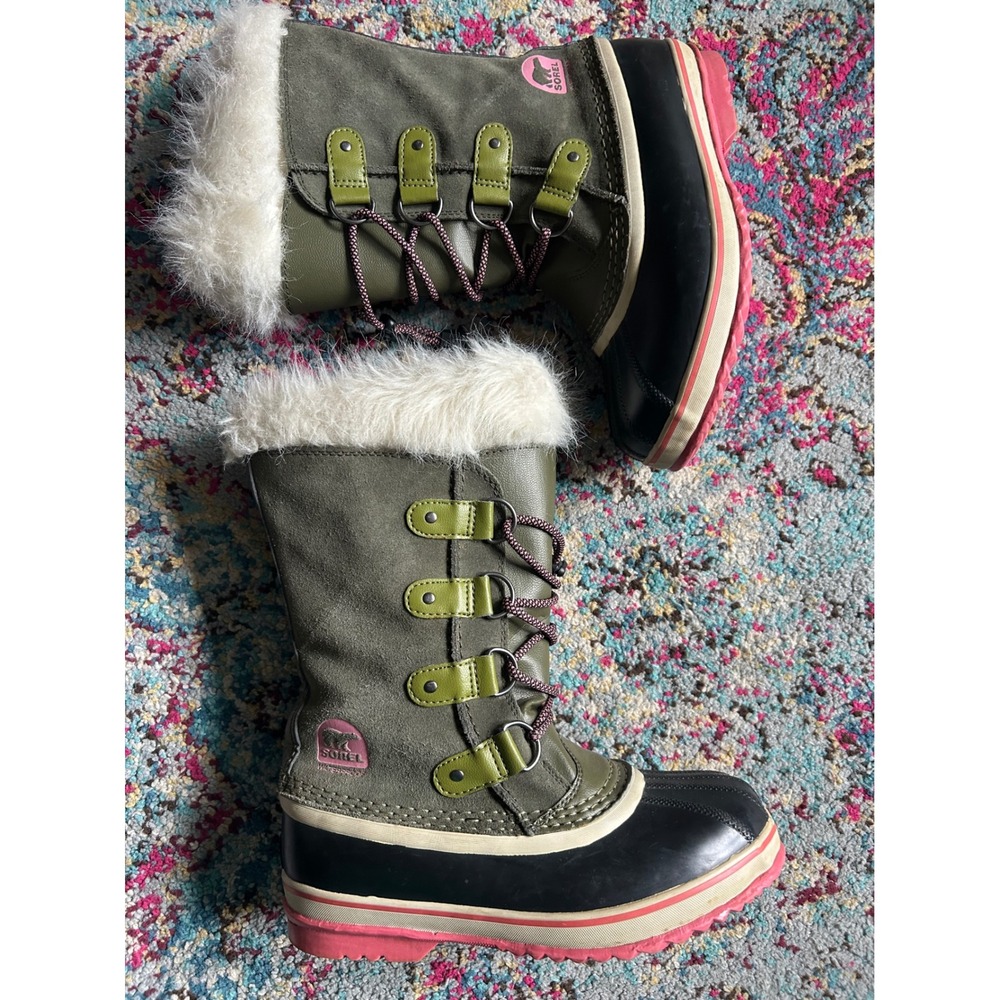 Sorel‎ Joan of Arctic Winter Boots Olive Green Pink Faux Fur Waterproof Snow